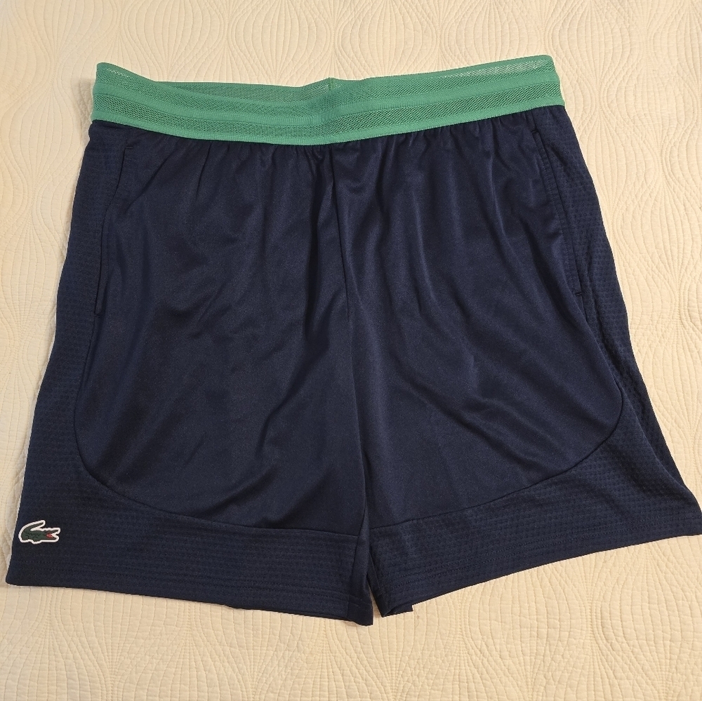 NWT Lacoste Men's Navy Blue Athletic Shorts with Green Waistband